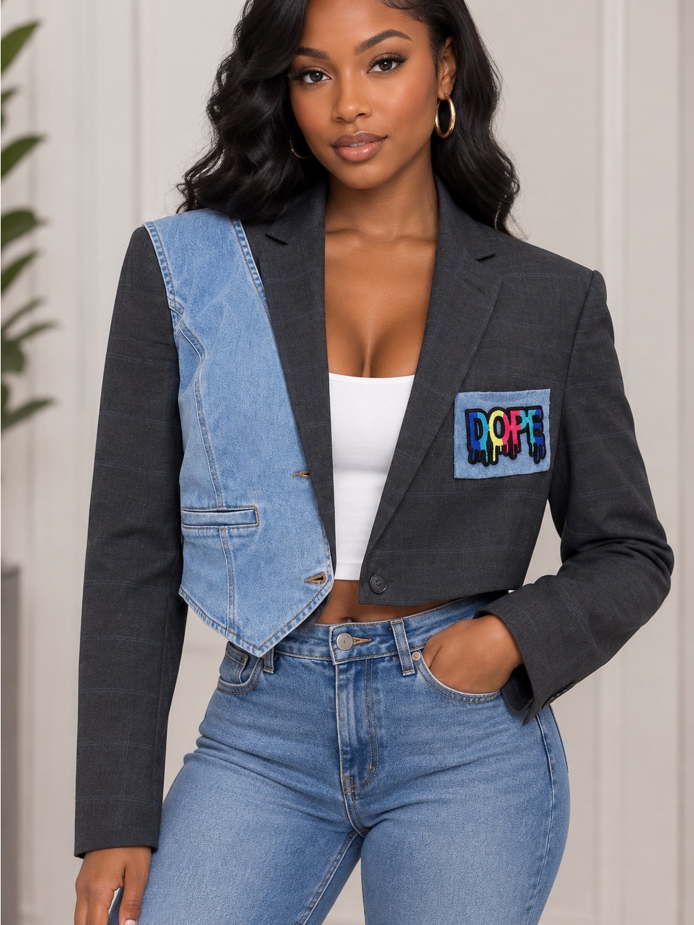 Upcycled Cropped Two-Tone Charcoal & Blue Denim patchwork Blazer size 14/16